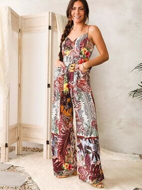 BKE Floral Patchwork Wide-Leg Jumpsuit in Burgundy, White & Mustard